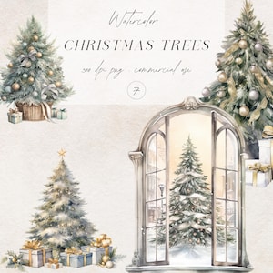 Aquarelle sapins de Noël Clipart, clipart hiver PNG, graphiques neutres de sapin de Noël, clipart de sapin de Noël décoré, usage Commercial
