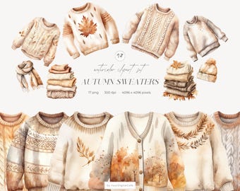 Watercolor Autumn Sweaters Clipart: Cozy Fall, Wool Sweater PNG, Stickers Clip Art (Digital Download)