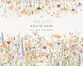 水彩画の野生の草原のクリップアートセット：野生の花のボーダーとブーケ、花のボーダー、結婚式のクリップアート（デジタルダウンロード）