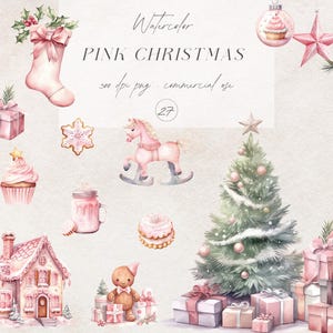 Clipart di Natale acquerello rosa per bambini, clipart festivo, PNG per le vacanze, clipart di Natale carino, grafica invernale accogliente, download per uso commerciale