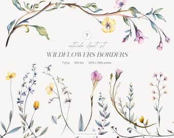May include: Watercolor clipart set featuring wildflowers and borders. The image includes various floral elements in shades of yellow, pink, and purple, with green leaves and stems. Text on the image reads "WILDFLOWERS BORDERS".