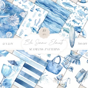 watercolor Summer Seamless Patterns, Nautical Digital Paper, Blue Summer Elements Pattern, Beach Repeating Pattern JPEG, Scrapbook Paper