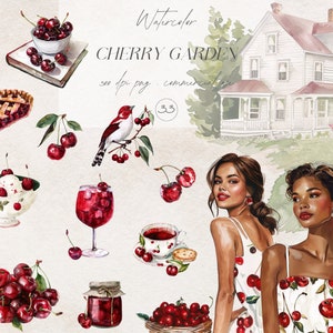 Paquete de imágenes prediseñadas de cerezas de acuarela de verano, cerezas PNG, imágenes prediseñadas de bayas de verano, rama de cereza, pegatinas digitales, descarga para uso comercial