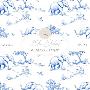 Padrão sem emendas de chinoiserie azul Toile de Jouy, padrão de elefante azul, padrão de animais, papel digital para berçário, clipart para papéis, tecidos