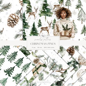 Papel sin costuras con diseño de pinos navideños: patrones navideños, papel para scrapbooking (descarga digital)