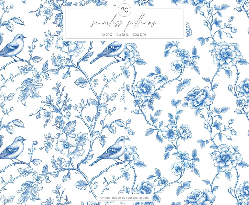 Blue Chinoiserie Seamless Patterns: Vintage Floral Birds Toile De Jouy ...