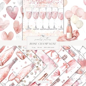 Party Digitales Papier, Neujahrsmuster, Rosa Champagner Nahtlose Muster, Herzmuster, Ballonmuster, Glitter, Scrapbookpapier, JPG