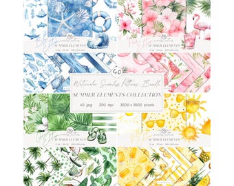 Watercolor Summer Elements Seamless Patterns Bundle: JPEG Pattern, Scrapbook Paper (Digital Download)