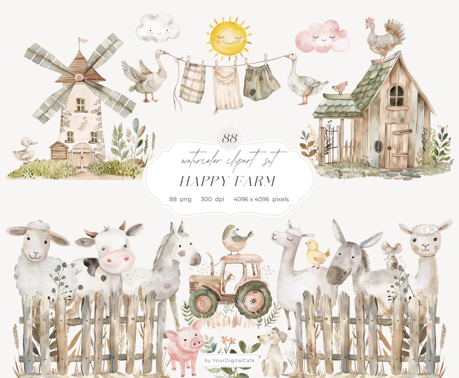 Watercolor Farm Animal Clipart Bundle: Goose Clip Art, Cute Mouse, Cows ...