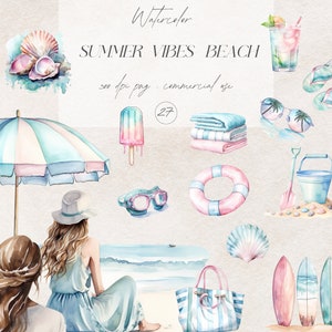 Paquete de imágenes prediseñadas de verano en acuarela, gráficos de playa de verano en colores pastel, PNG de tiempo de playa, imágenes prediseñadas de océano en acuarela, chica en acuarela, pegatinas digitales