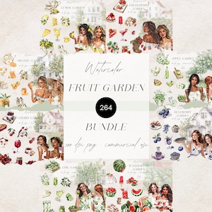 Paquete de imágenes prediseñadas de frutas de acuarela, imágenes prediseñadas PNG de decoración de frutas, árboles frutales PNG, imágenes prediseñadas de chicas de verano, imágenes prediseñadas de pegatinas de frutas de verano, instantáneas