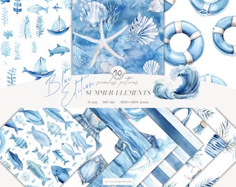 Blue Summer Elements Seamless Patterns: Watercolor Nautical Background, Scrapbook Paper (Digital Download)