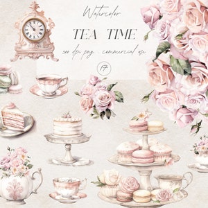 Aquarel vintage theetijd clipart, bloemen theekransje clipart, bloemen theekopje png, desserts clipart, thee graphics, pastelroze theetijd kunst