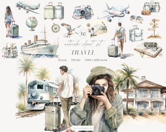 Clipart de viajes en acuarela: PNG de vacaciones neutrales, imágenes prediseñadas de turismo, maleta, avión, tren, camping (descarga digital)