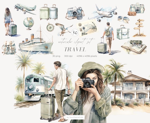 Watercolor Neutral Travel Clipart: Vacation PNG, Tourism Clip Art, Suitcase, Airplane, Train, Camping (Digital Download)