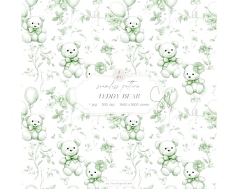 Saliegroen teddybeerpatroon, naadloze achtergrond voor de kinderkamer, digitaal papier in Chinoiserie-stijl, Toile de Jouy