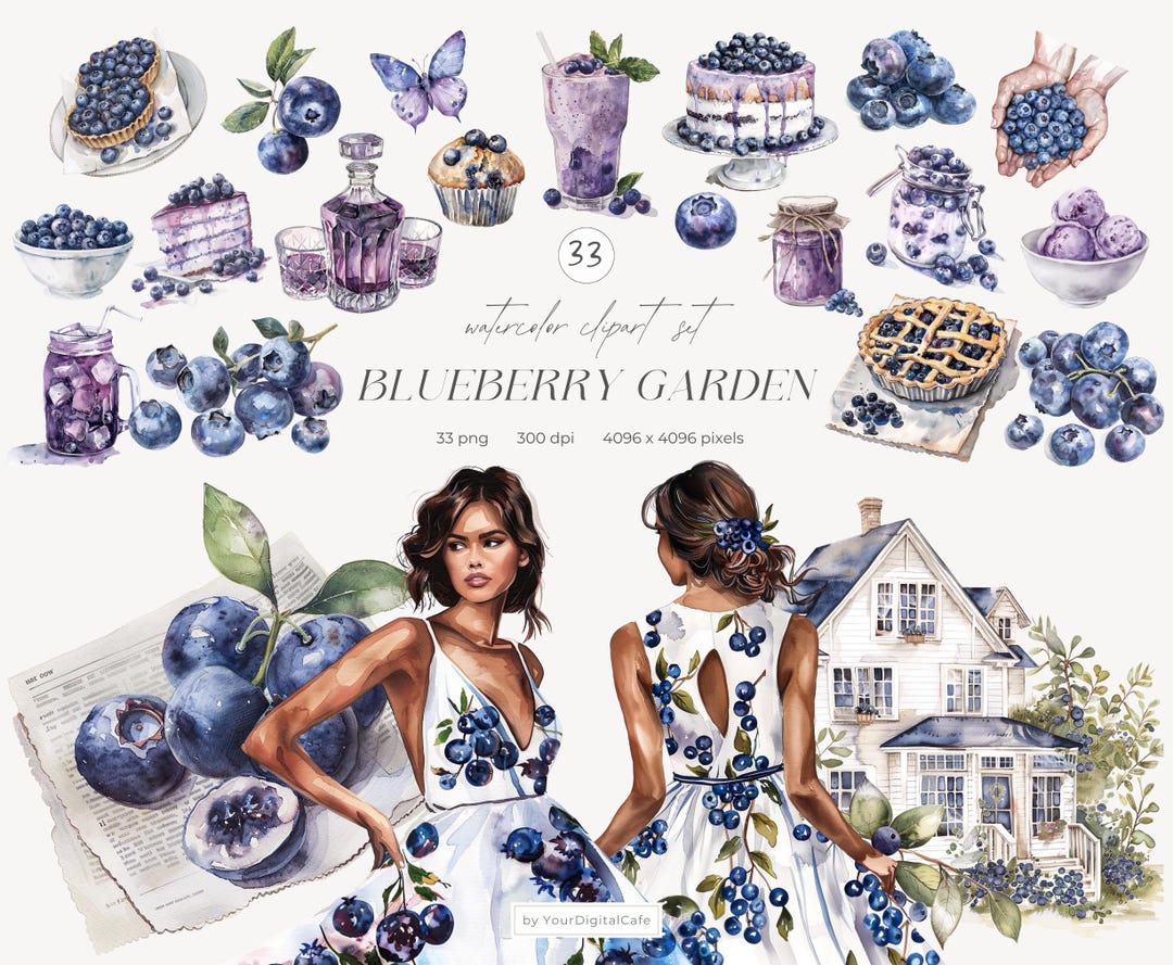 Watercolor Blueberry Garden Clipart: Summer Blueberries, Botanical ...