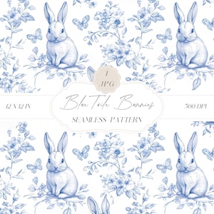 Naadloze patroon blauwe toile konijntjes, kinderkamer achtergronden, chinoiseriepatroon, Blue Bunny digitaal papier, download clipart voor papieren, stoffen