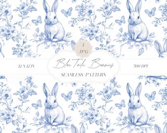 Blue Toile Bunnies Seamless Pattern, Nursery Backdrops, Chinoiserie Pattern, Blue Bunny Digital Paper, Download Clipart for Papers, Fabrics