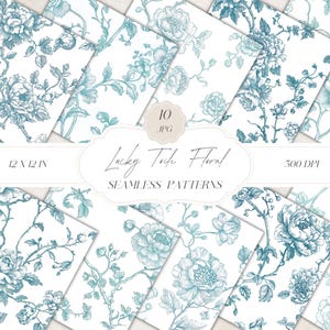 Petrol Chinoiserie Toile de Jouy nahtlose Muster, Vintage Blumenmuster, Chinoiserie Digital Paper, Vintage Clipart, Instant Download, JPG