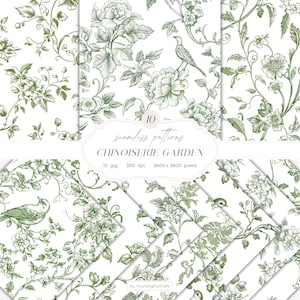 グリーンシノワズリフローラルシームレスパターン：ヴィンテージフローラルデジタルペーパー、ウェディングトワルパターン（デジタルダウンロード）