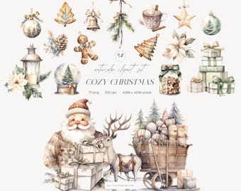 Watercolor Cozy Christmas Clipart: Neutral Rustic Christmas Graphics, Winter Ornaments PNG, Scrapbooking (Digital Download)
