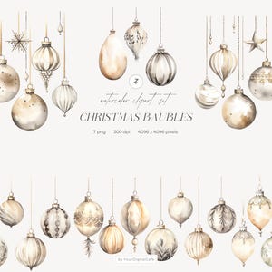 Watercolor Christmas clipart, Neutral Christmas Ornaments PNG, Xmas Baubles Clip Art, digital download, Commercial Use