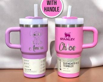 Customized Stanley Quencher 20oz WITH HANDLE Tumbler Cup Custom Text Name Engraved Logo Personalized Gift Mug School Kids Water Bottle