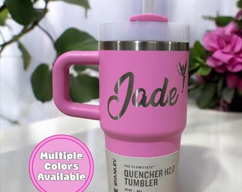 Personalized Stanley Quencher 20oz WITH HANDLE Tumbler Cup Custom Text Name Engraved Logo Customized Gift Mug School Kids Water Bottle