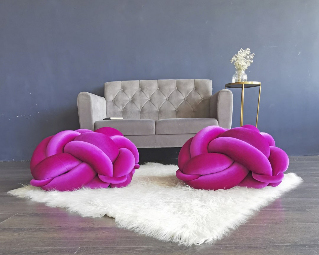 Ottoman Pouf Velvet, Ottoman Foot Stool, Knot Pouf Pink, Bohemian Large