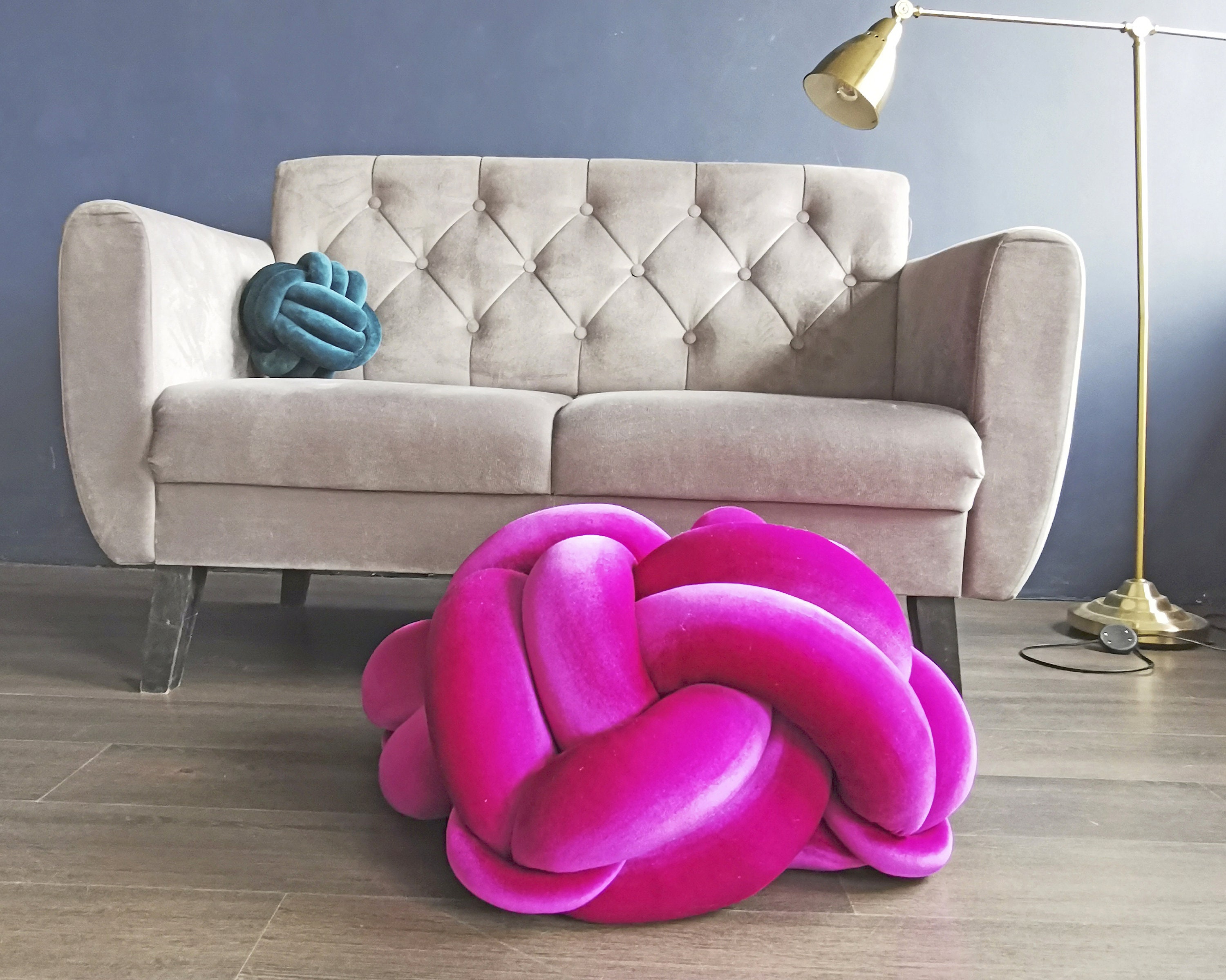 Ottoman Pouf Velvet, Ottoman Foot Stool, Knot Pouf Pink, Bohemian Large