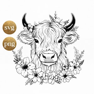 花を持つハイランド牛、子牛、頭、SVG、PNG、SVG 牛、牛昇華、雌牛、線画、花柄のハイランド牛 SVG、花を持つ牛 SVG