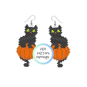 May include: PDF pattern for beaded earrings featuring black cats sitting on orange pumpkins. The text "PDF pattern earrings" is on a light blue circle.