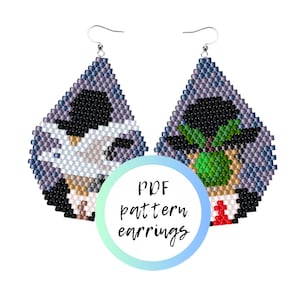 May include: PDF pattern for beaded earrings featuring a cartoon character wearing a hat and a tie. The earrings are in shades of gray, black, white, green, and red.