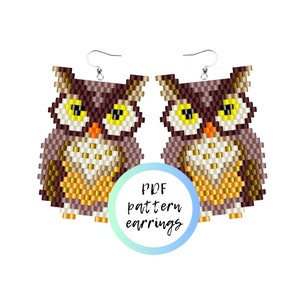 May include: A pair of owl-shaped beaded earrings with brown, white and yellow beads. The earrings are on a white background with the text "PDF pattern earrings".