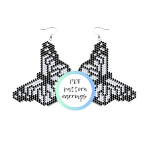 May include: A pair of black and white beaded earrings in the shape of butterflies. The earrings are hanging from silver hooks. The image includes the text "PDF pattern earrings".