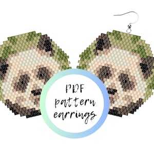 May include: A PDF pattern for beaded earrings featuring a panda design. The earrings are made with brown, beige, and green beads.