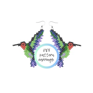 May include: A PDF pattern for beaded hummingbird earrings. The earrings are green, purple, black, and red. The pattern is for sale.