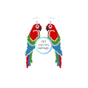 May include: PDF pattern for beaded parrot earrings. The earrings are red, green, blue, and white.