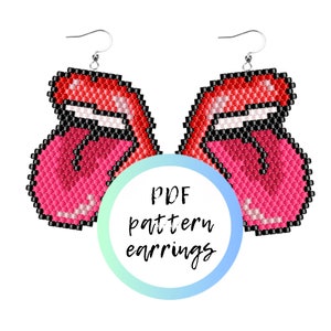May include: PDF pattern for beaded earrings shaped like a red tongue sticking out. The earrings are made with small beads in red, pink, white, and black.