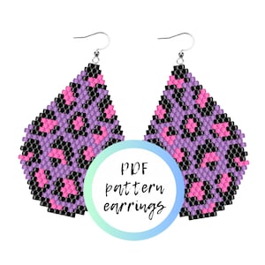 May include: A pair of beaded teardrop earrings with a leopard print design. The earrings feature a pattern of black, pink, and purple beads. The text "PDF pattern earrings" is in a circular design in the lower center.
