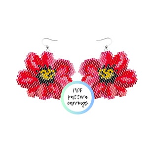 May include: PDF pattern for beaded earrings featuring a red flower design with a yellow center. The text "PDF pattern earrings" is visible in the image.