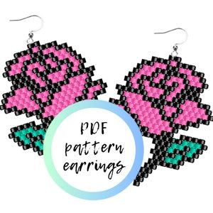 May include: A pair of pink and green beaded earrings in the shape of roses. The earrings are made with small beads and have a silver hook. The image includes the text "PDF pattern earrings".