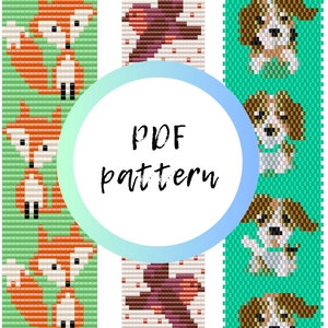 May include: Three beading patterns for bracelets, each featuring a different animal: a fox, a bird, and a dog. The patterns are displayed on a white background with a circle in the middle that says "PDF pattern".