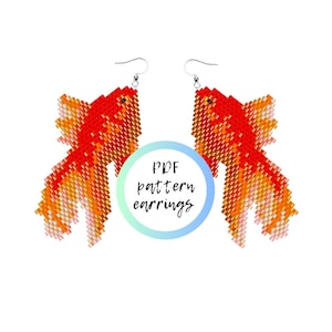 May include: PDF pattern for beaded earrings featuring a pair of orange and white goldfish. The earrings are shown hanging from silver hooks.