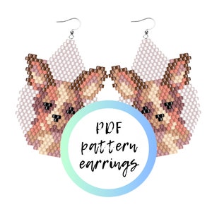 May include: PDF pattern for beaded earrings featuring a cute cartoon dog design. The earrings are made with white, brown, and pink beads.