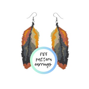 May include: A PDF pattern for beaded earrings. The earrings are designed to look like feathers with black, brown, orange, and yellow beads.