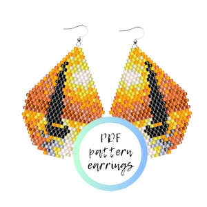 May include: A PDF pattern for beaded earrings. The earrings are teardrop shaped and feature a geometric design in shades of yellow, orange, brown, black, and white.