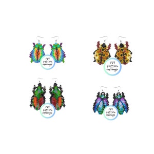 Puede incluir: Cuatro pares de pendientes de cuentas con diseños de escarabajos coloridos. Cada par está etiquetado con "PDF pattern earrings".