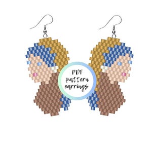 May include: A pair of beaded earrings featuring a pixelated portrait design with gold, blue, and tan tones, suspended from silver-toned hooks. A circular overlay in the center displays the text PDF pattern earrings in black script lettering.